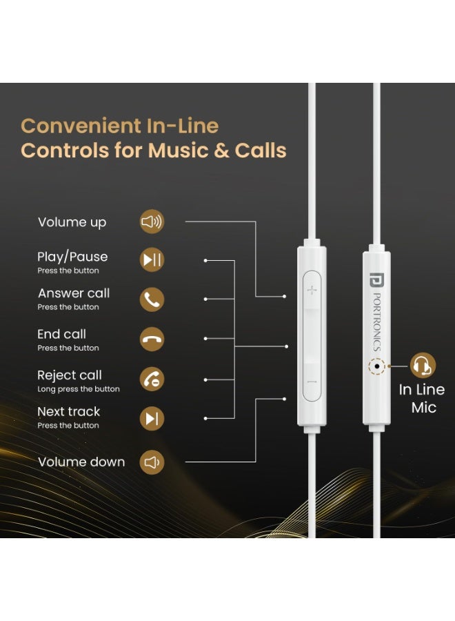 بورترونيكس Portronics Conch Theta C in Ear Type C Wired Earphones with in Line HD Mic, Powerful Audio, 14.2mm Driver, Unique Earbuds Design, TPE Anti Tangle Wire, in line Controls, Wide Compatibility(White) - Image 3